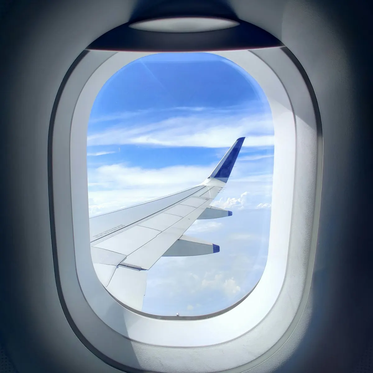 Aircraft wing over farmland seen through a cabin window