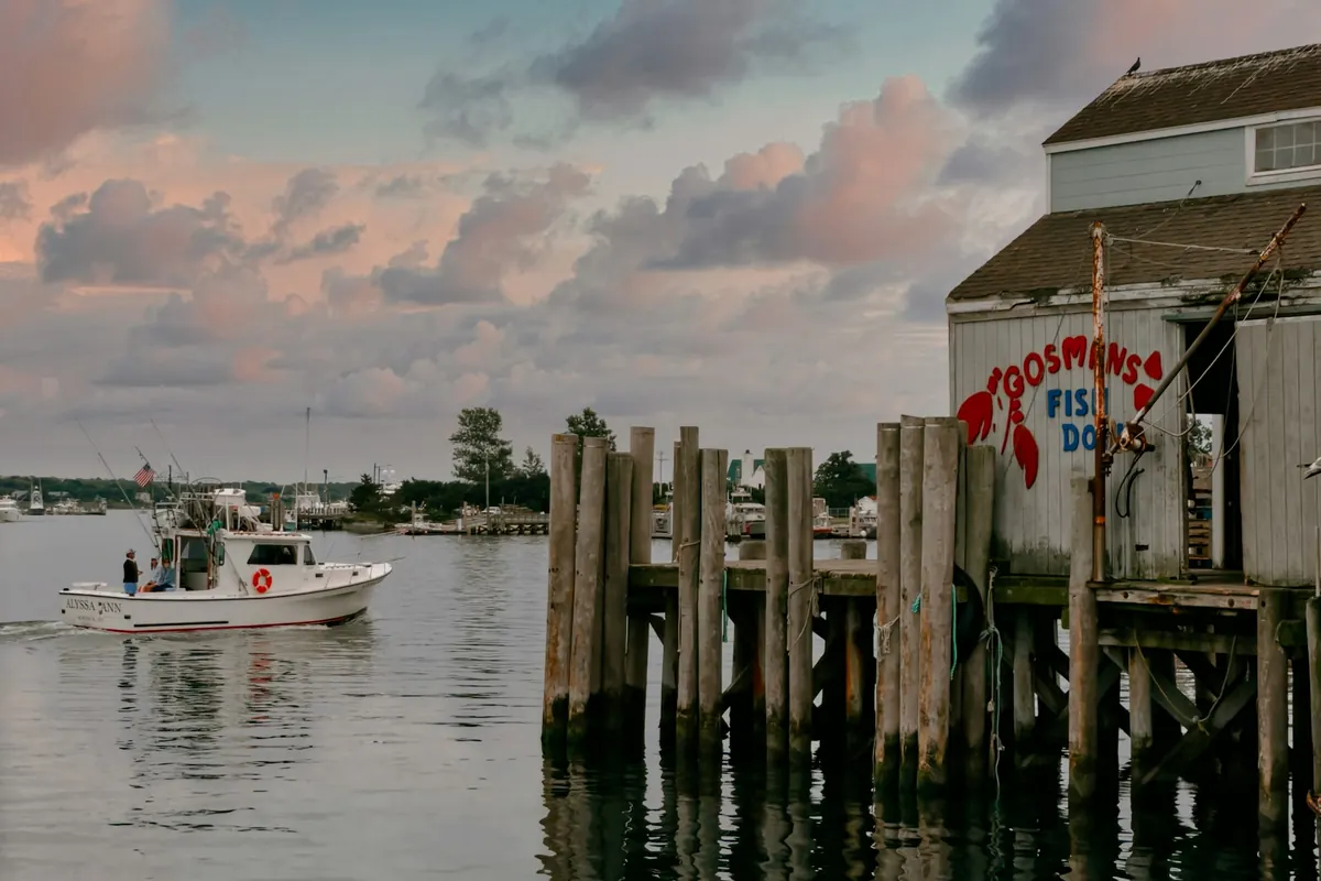 Wooden dock on a calm bay with a grey-shingled boathouse
